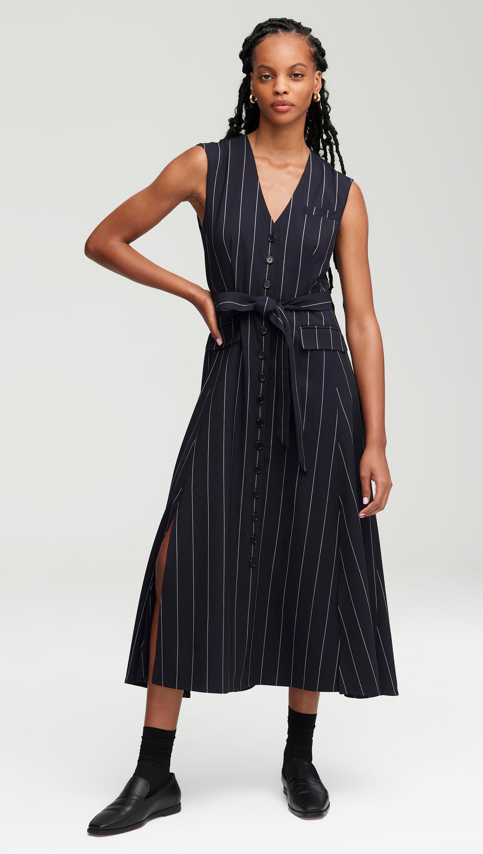 Vest Dress in Stretch Wool | Navy Stripe