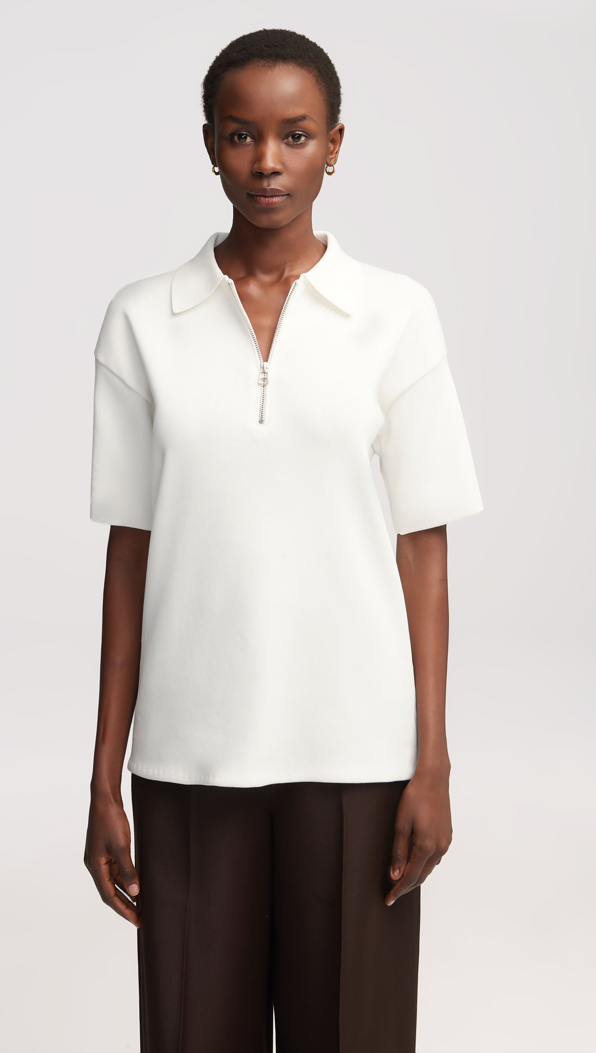 Collared Zip Top in Mercerized Cotton | White