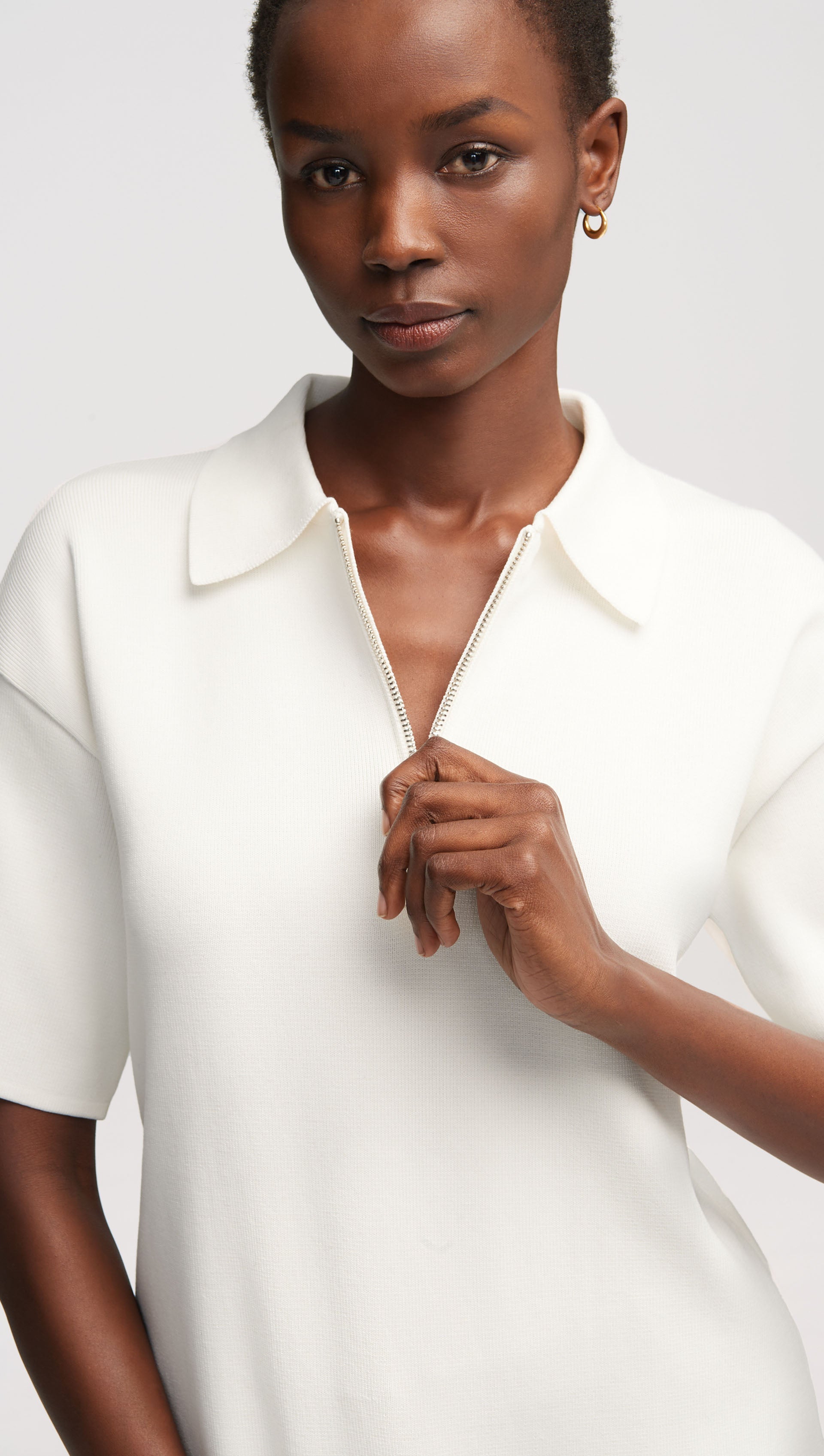 Collared Zip Top in Mercerized Cotton | White