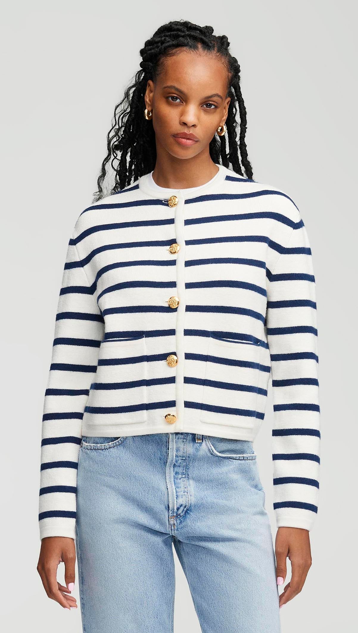 Knit Jacket in Merino Wool | Cream/Navy Stripe