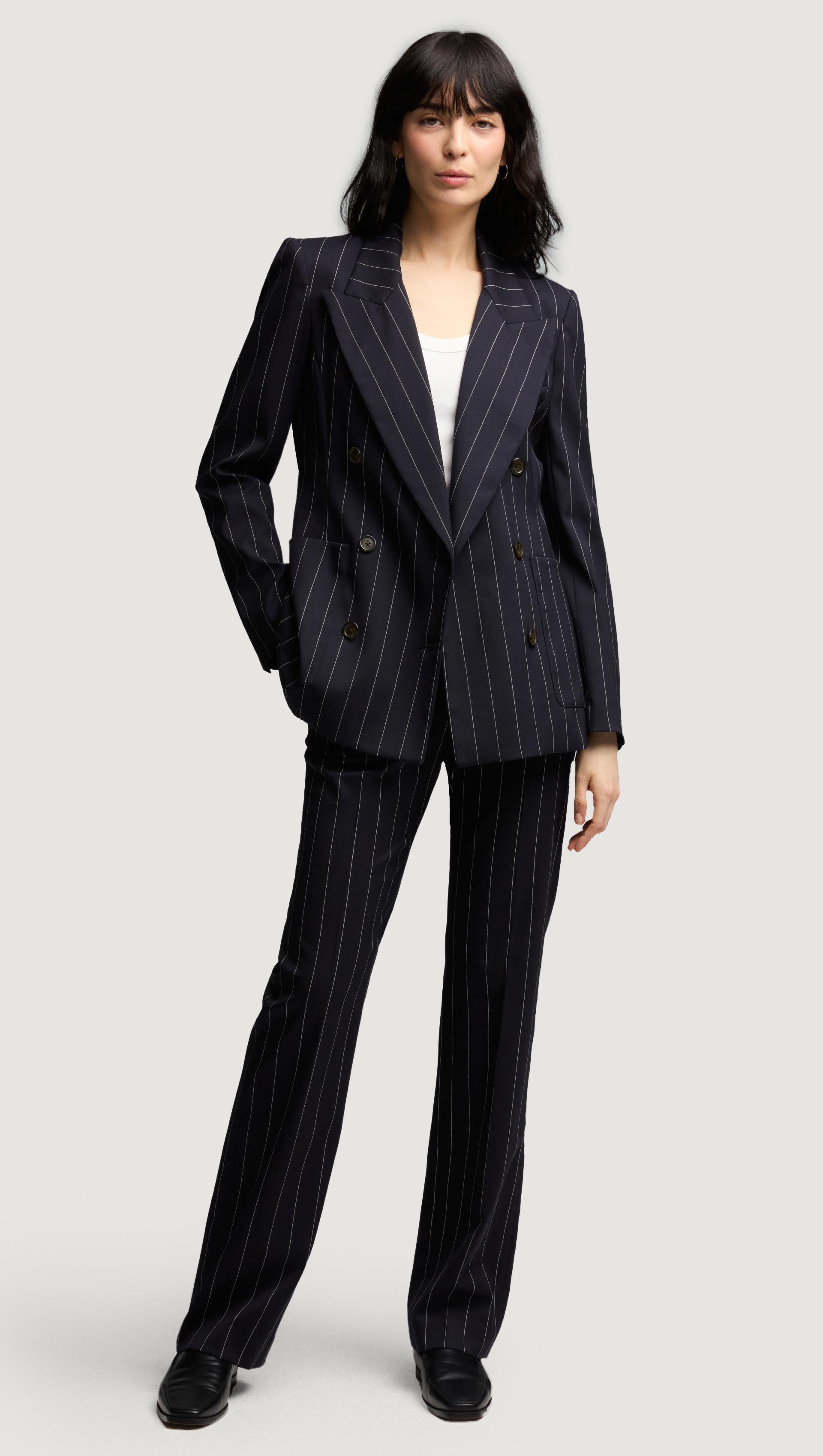 Chelsea Blazer in Stretch Wool | Navy Pinstripe