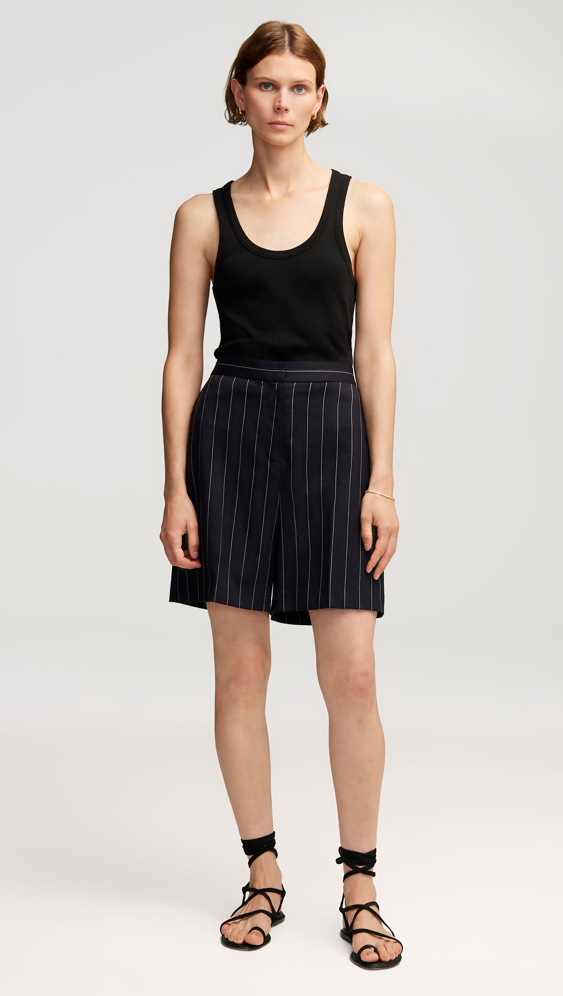 Tailored Shorts in Stretch Wool | Navy Pinstripe