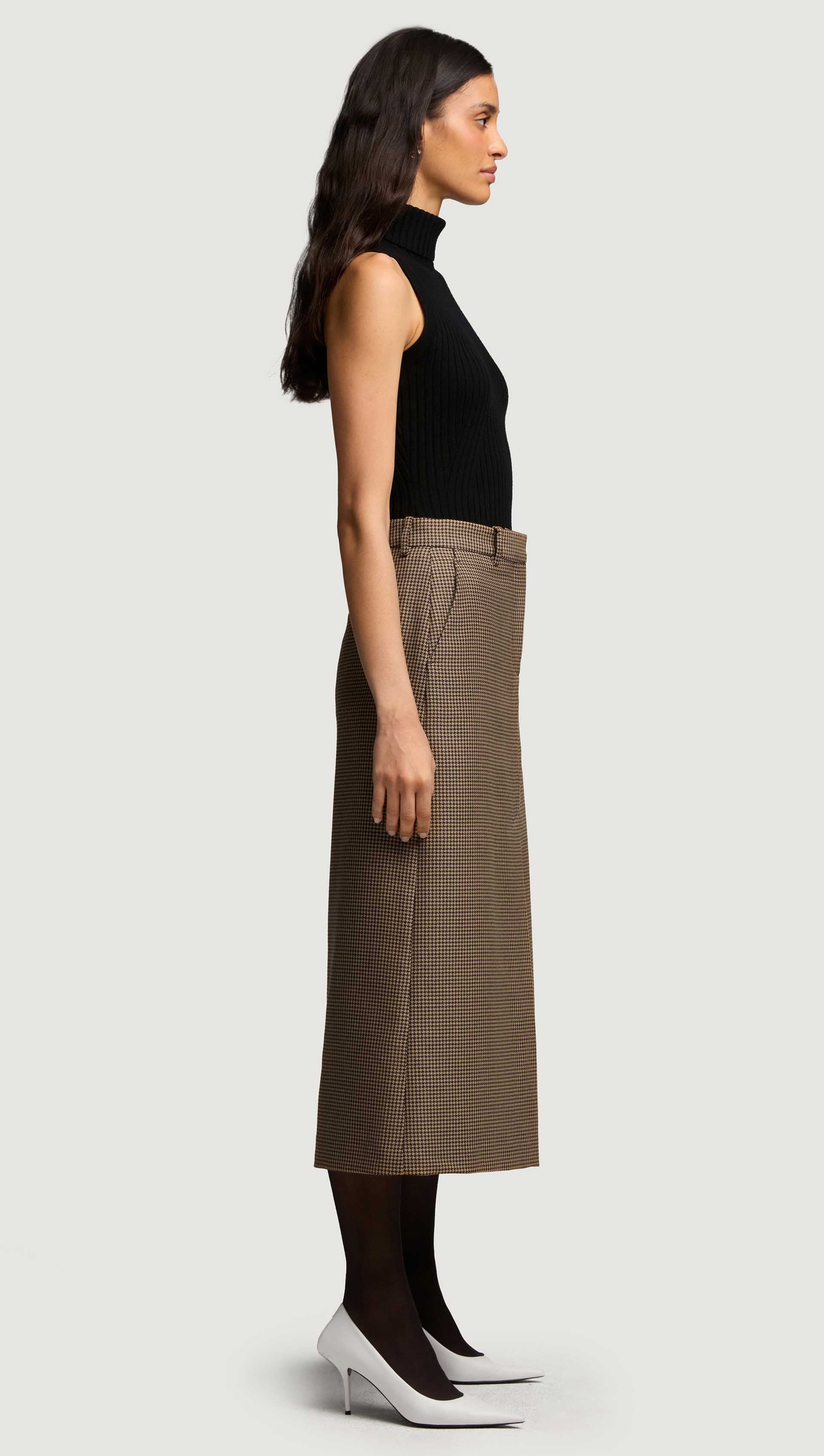 Tailored Skirt in Wool | Brown Houndstooth