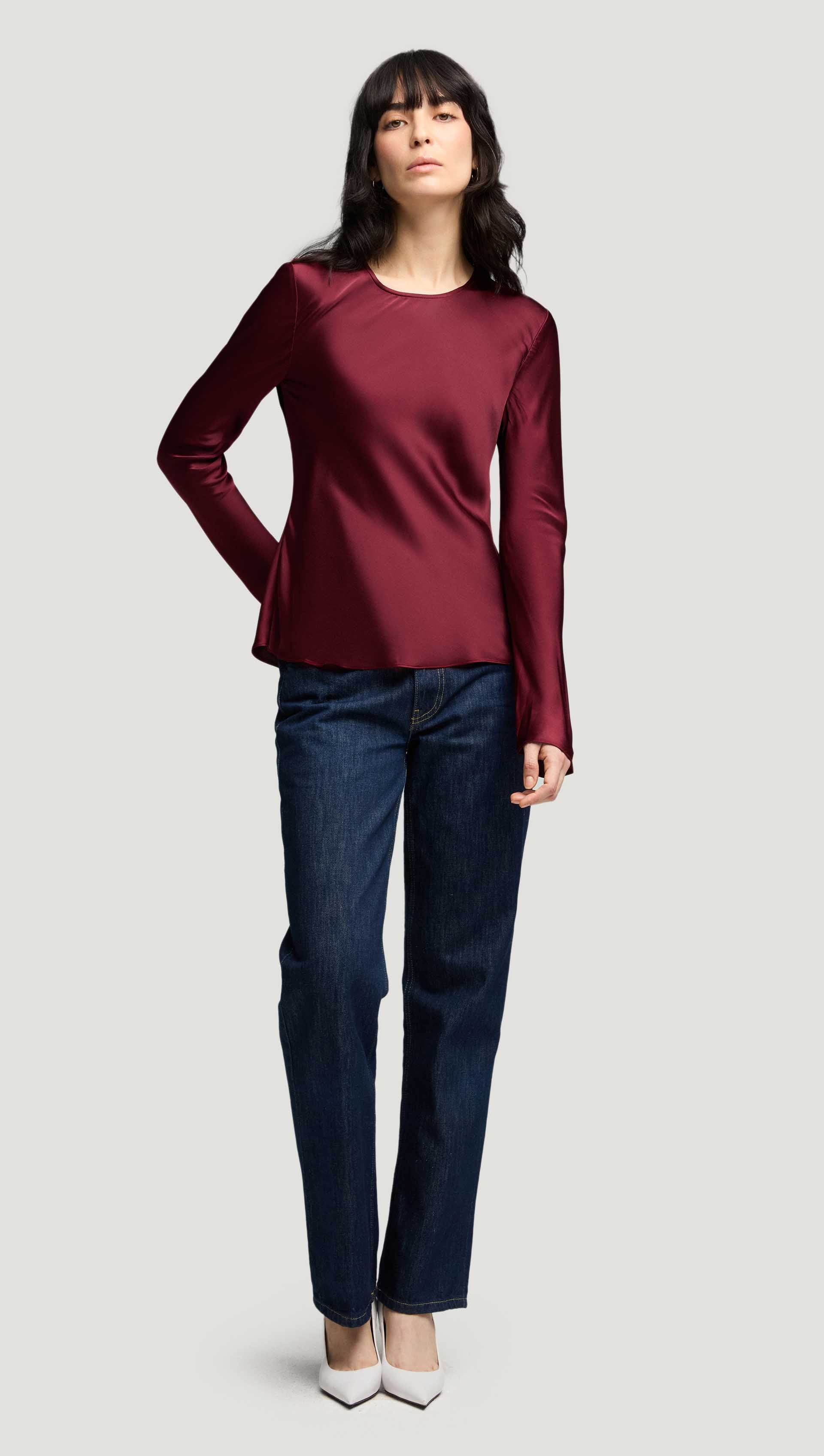 Longsleeve Bias Top in Viscose Satin  | Burgundy