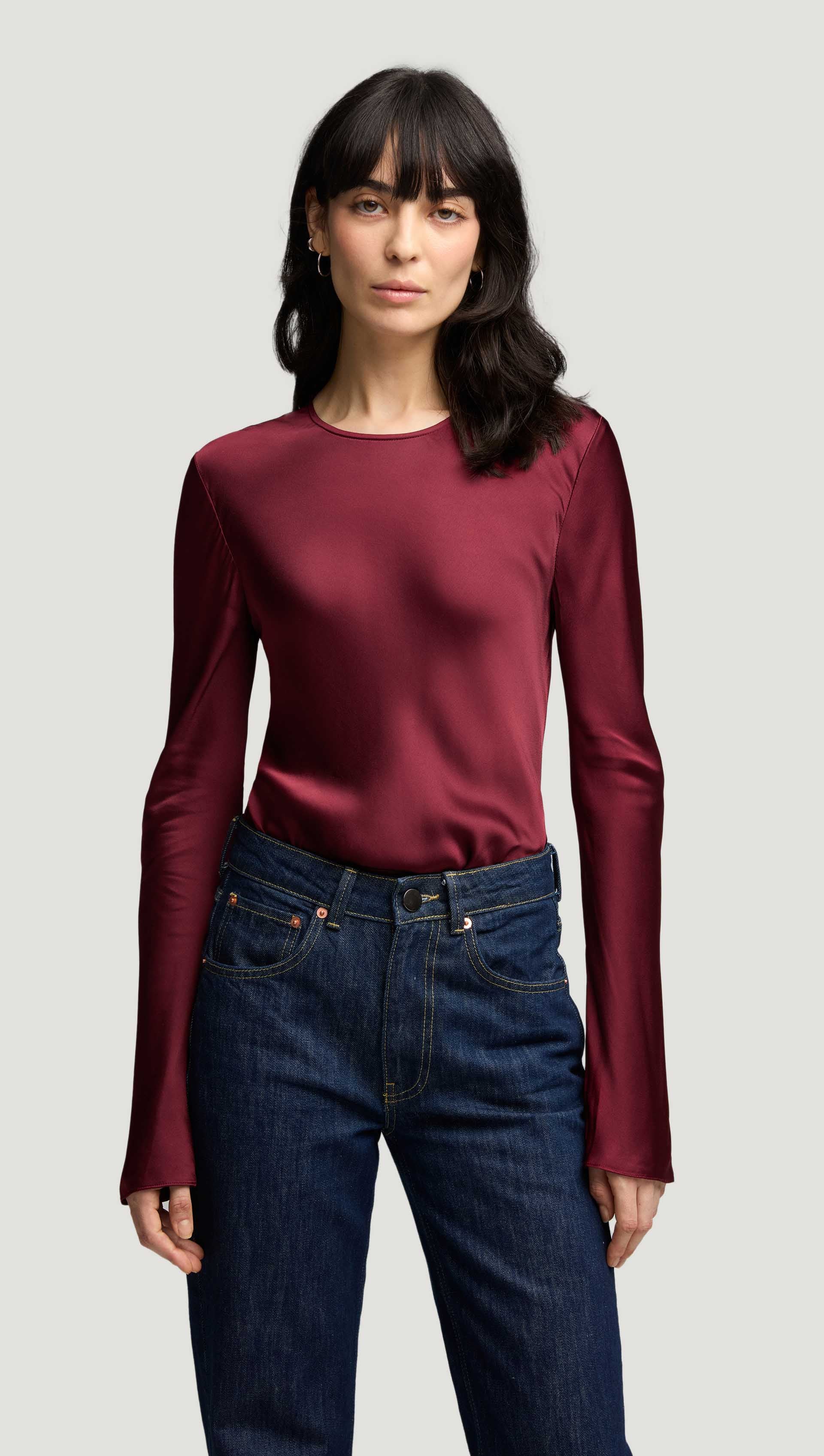 Longsleeve Bias Top in Viscose Satin  | Burgundy