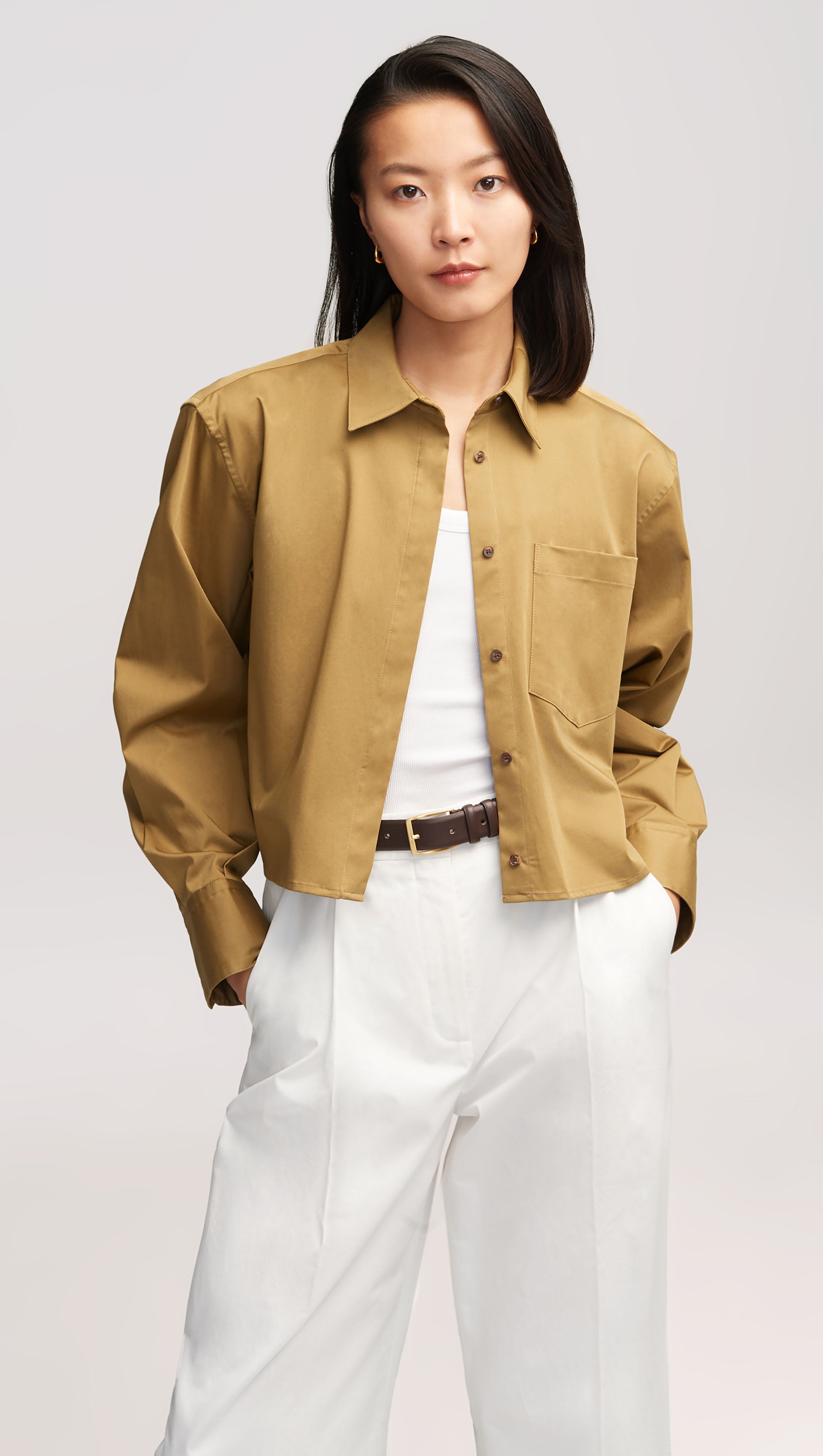 Cropped Shirt in Cotton Sateen | Khaki Green