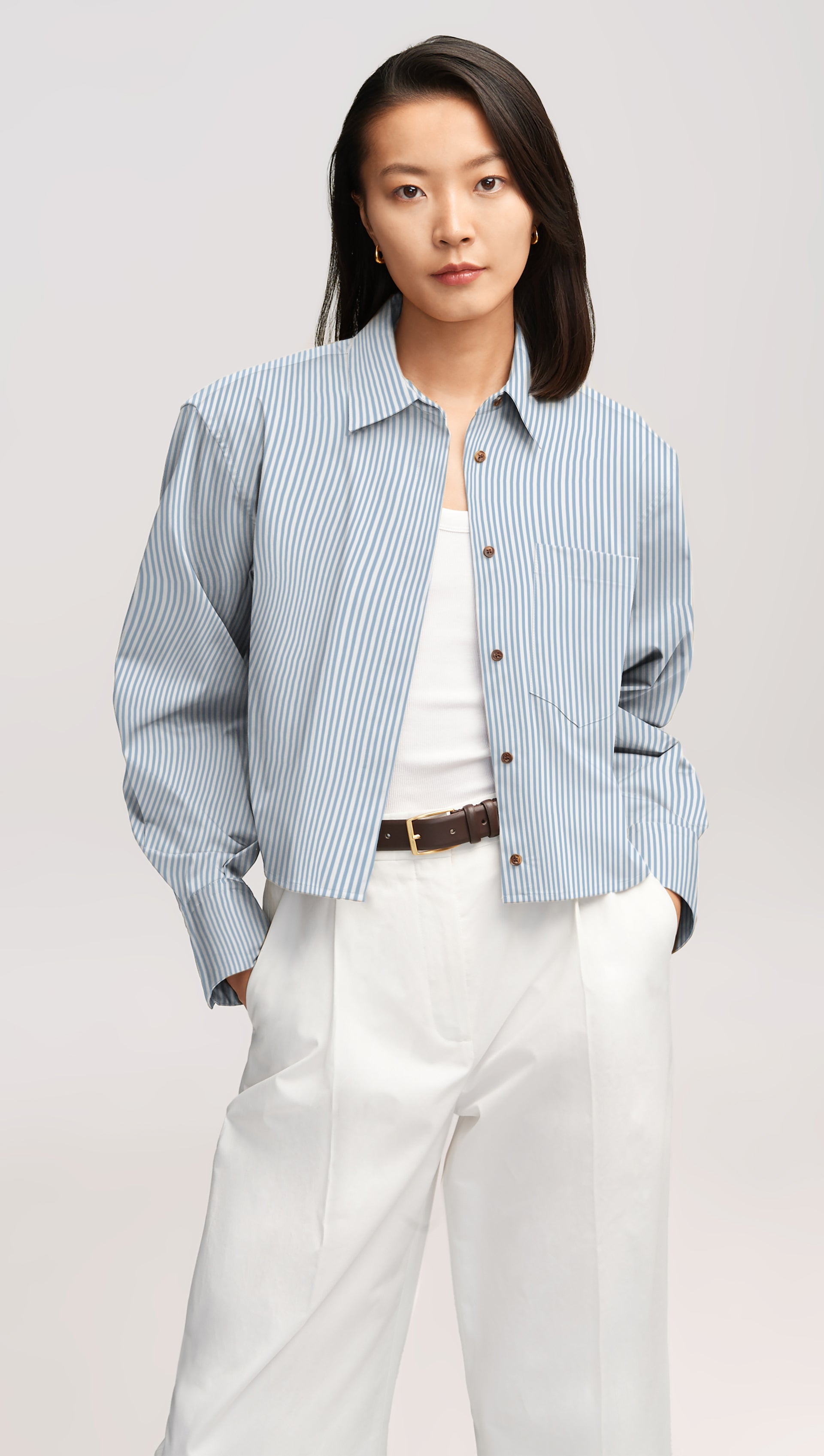 Cropped Shirt in Viscose Blend | Blue Stripe