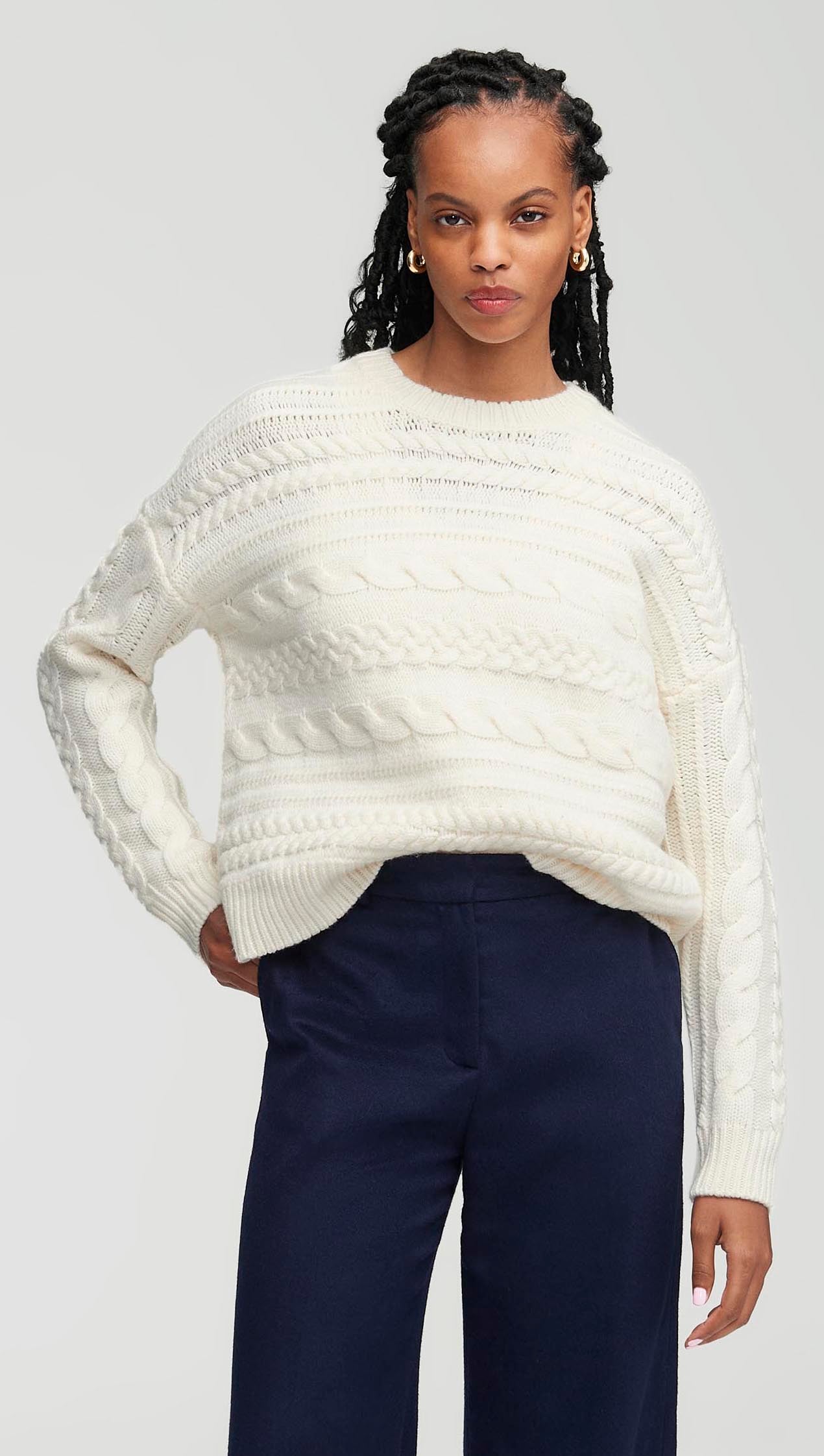 Chunky Crop Cable Sweater in Merino Wool | Cream