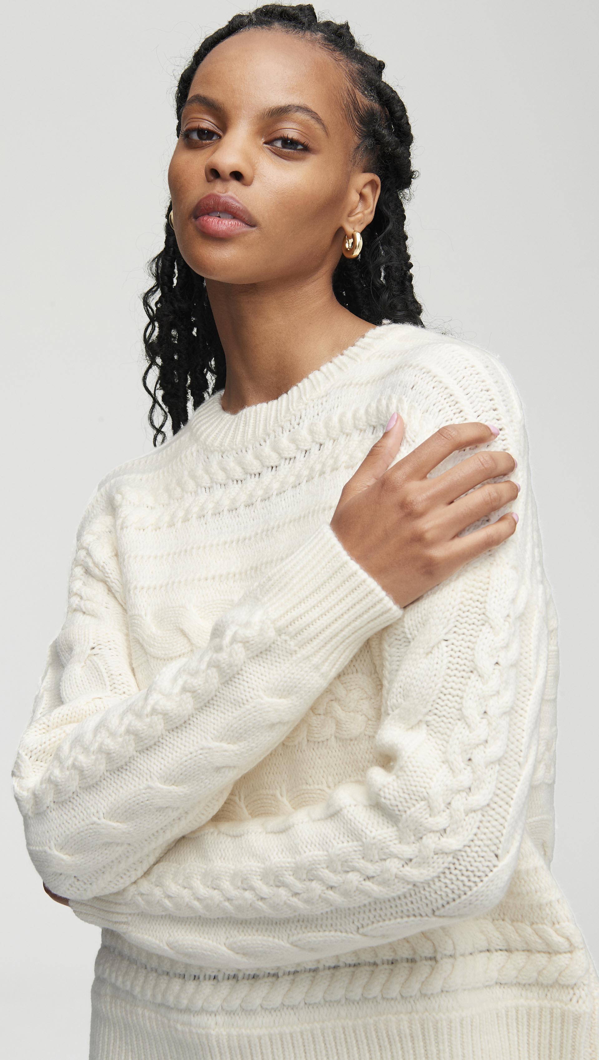 Chunky Crop Cable Sweater in Merino Wool | Cream