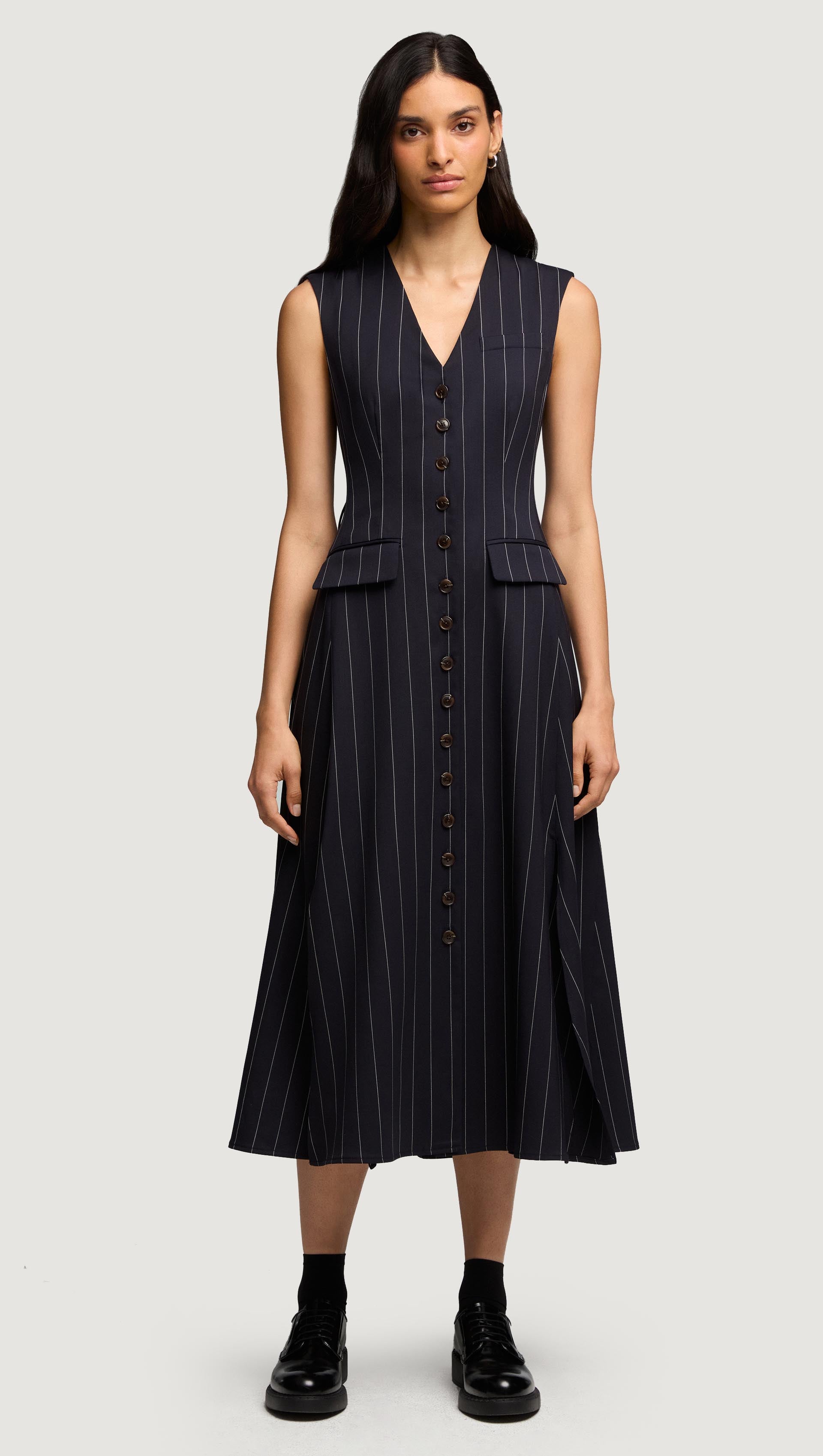 Vest Dress in Stretch Wool | Navy Pinstripe