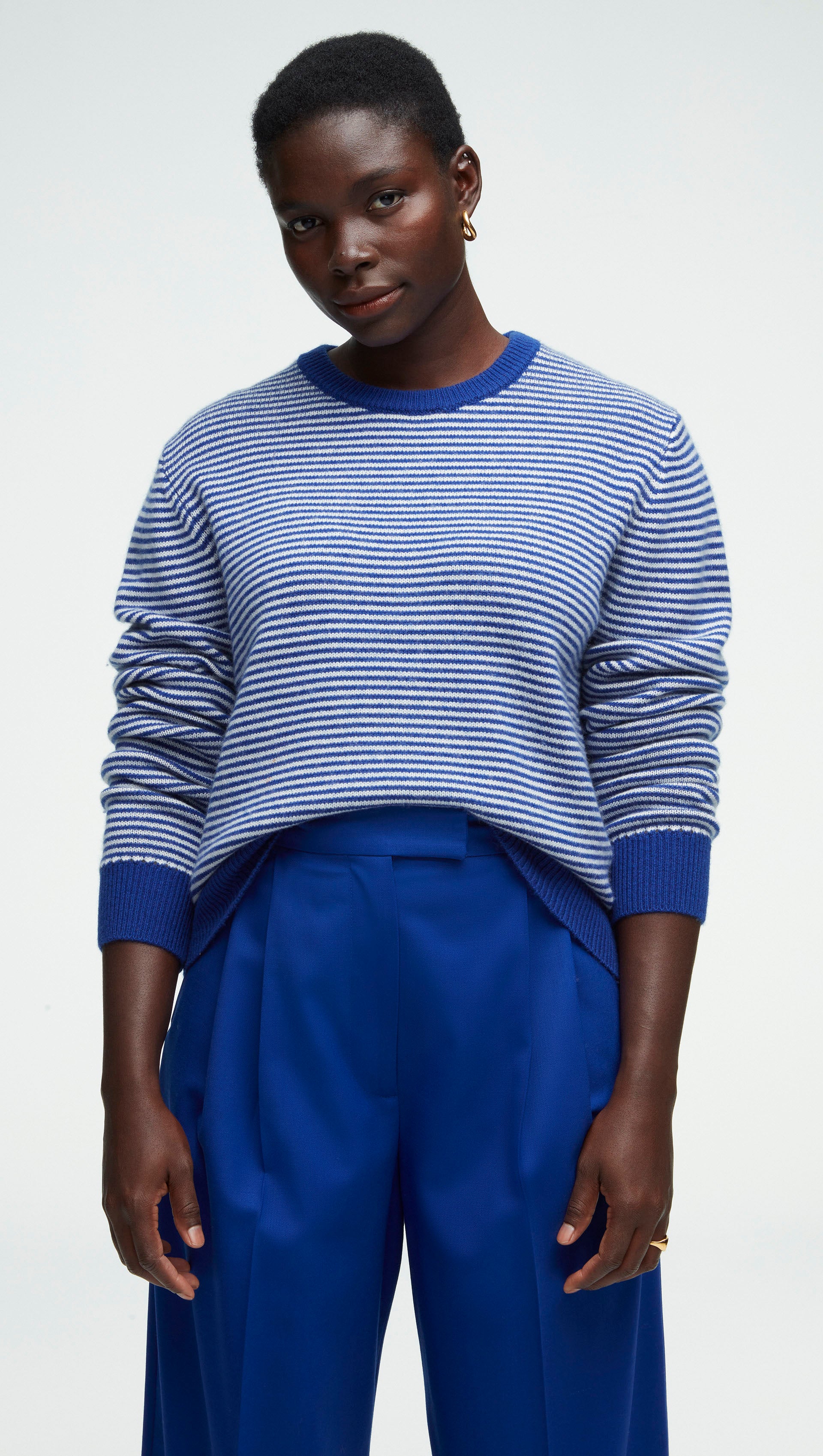 Striped Crewneck Sweater in Wool-Cashmere | Ivory/Cobalt